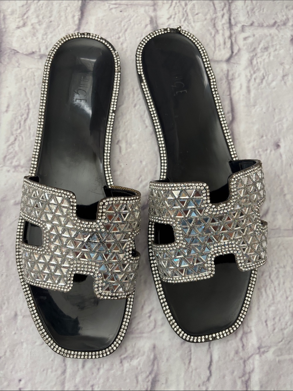 🔵H- ROUGE Black Slide Sandals with Rhinestone Trim - Picture 6 of 12